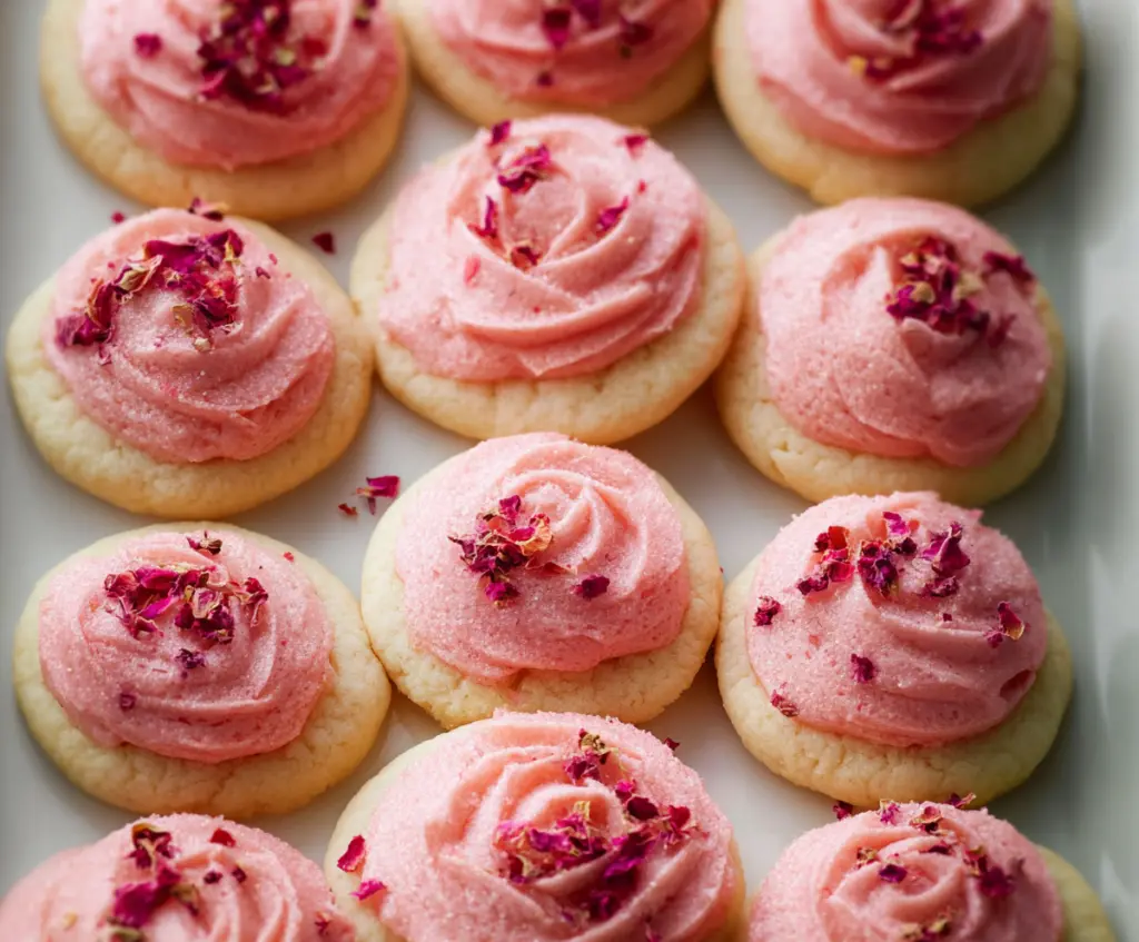 Delicious Raspberry Rose Cookies with pink icing and fresh raspberries on top.