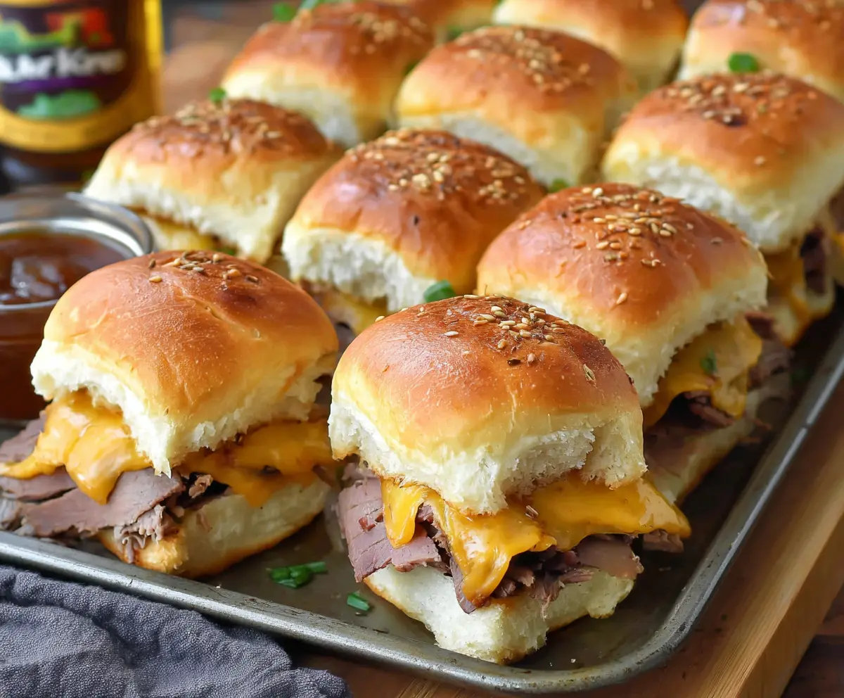 Delicious roast beef and cheddar sliders stacked with melted cheese and fresh buns.