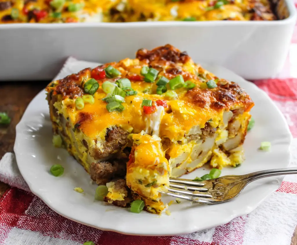 Delicious sausage, egg, and potato breakfast casserole in a baking dish.
