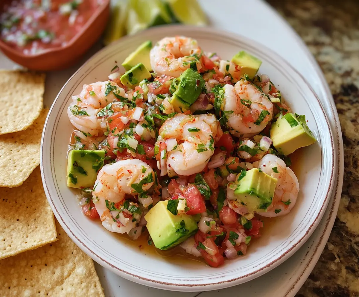 Fresh shrimp ceviche with diced avocado and herbs, served in a bowl.