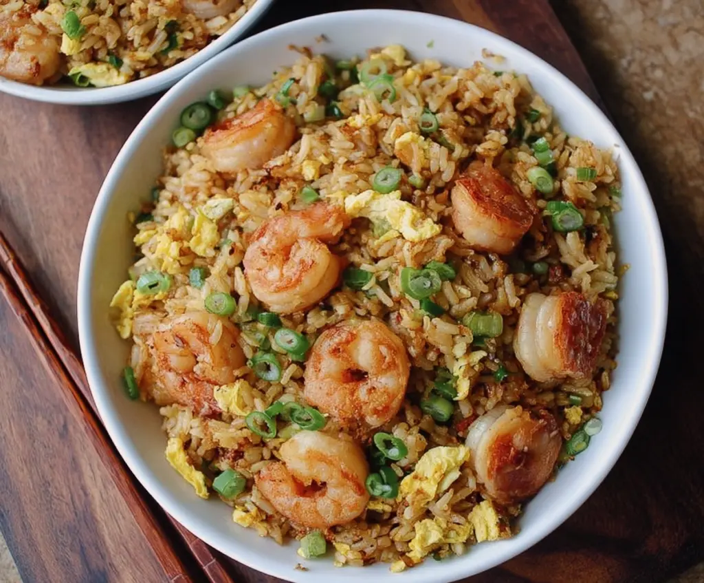 Delicious shrimp garlic fried rice served on a white plate, garnished with fresh herbs.