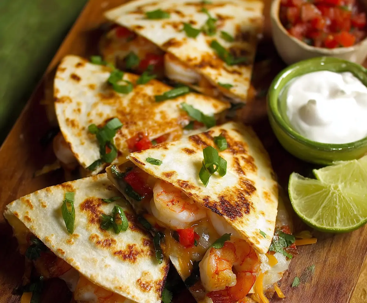 Delicious shrimp quesadillas filled with melted cheese and fresh shrimp, served on a white plate.