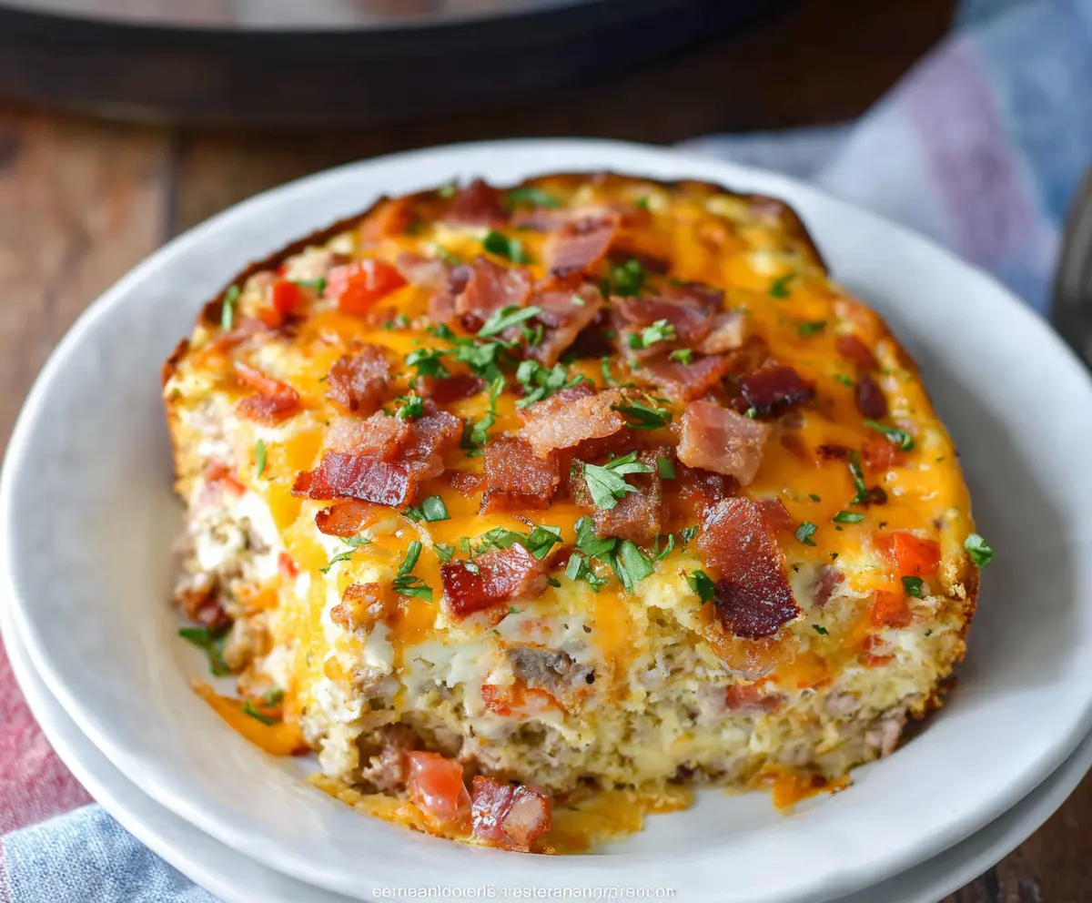 Delicious slow cooker breakfast casserole with eggs, cheese, and vegetables ready to serve