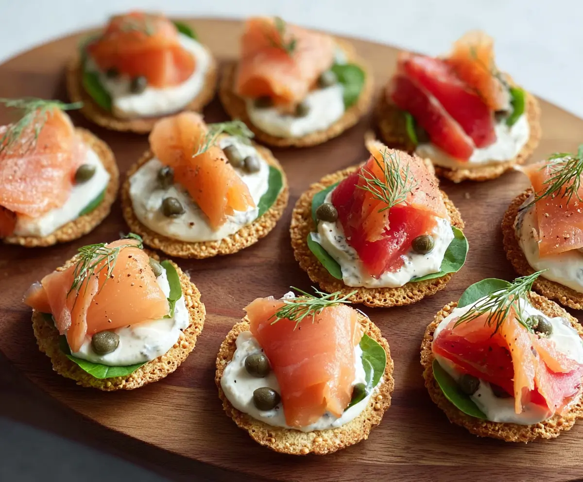 Delicious smoked salmon canapés topped with fresh herbs and served on crispy bread, perfect for appetizers.