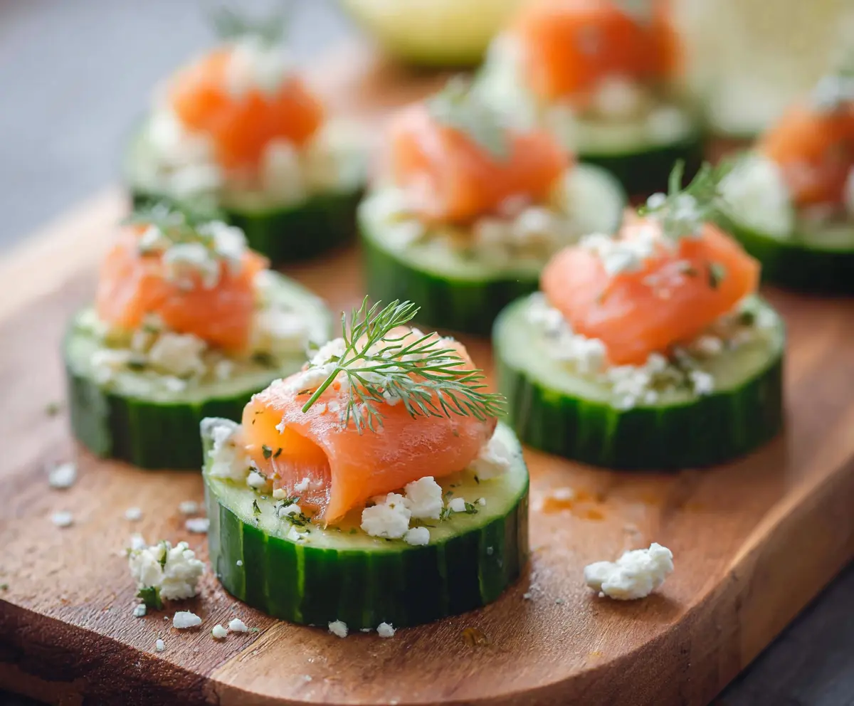 Delicious smoked salmon cucumber bites garnished with fresh herbs and lemon slices, perfect for appetizers.