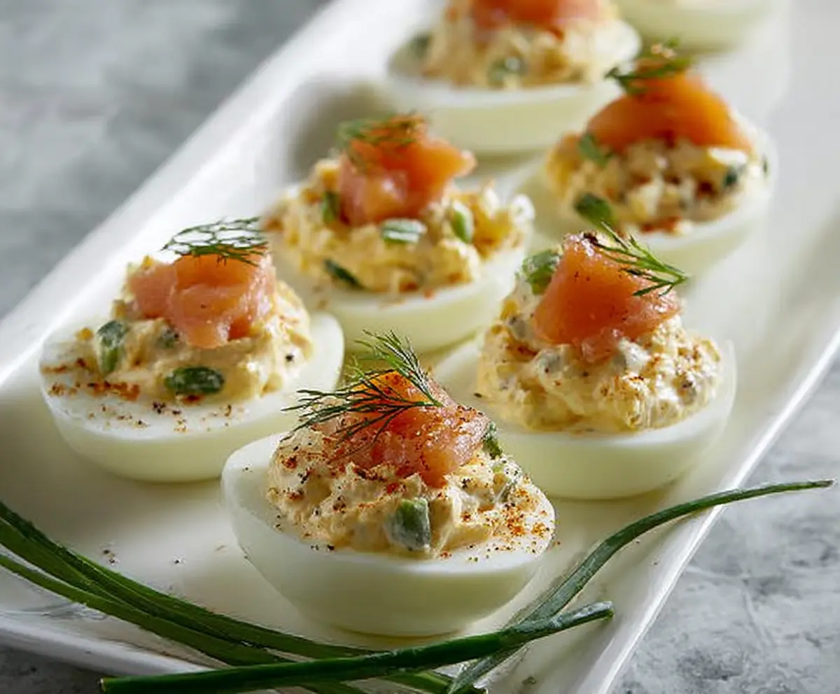 Delicious smoked salmon stuffed eggs garnished with fresh herbs for an elegant appetizer.