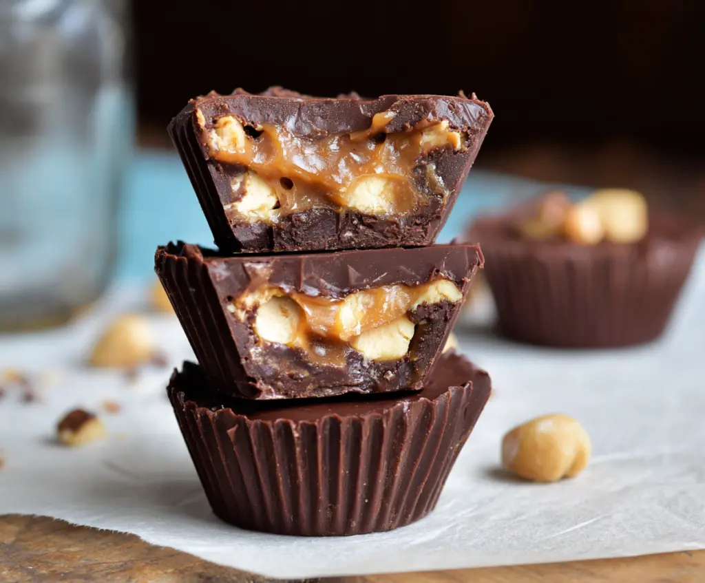 Delicious homemade Snickers Cups with caramel, nougat, and chocolate topping