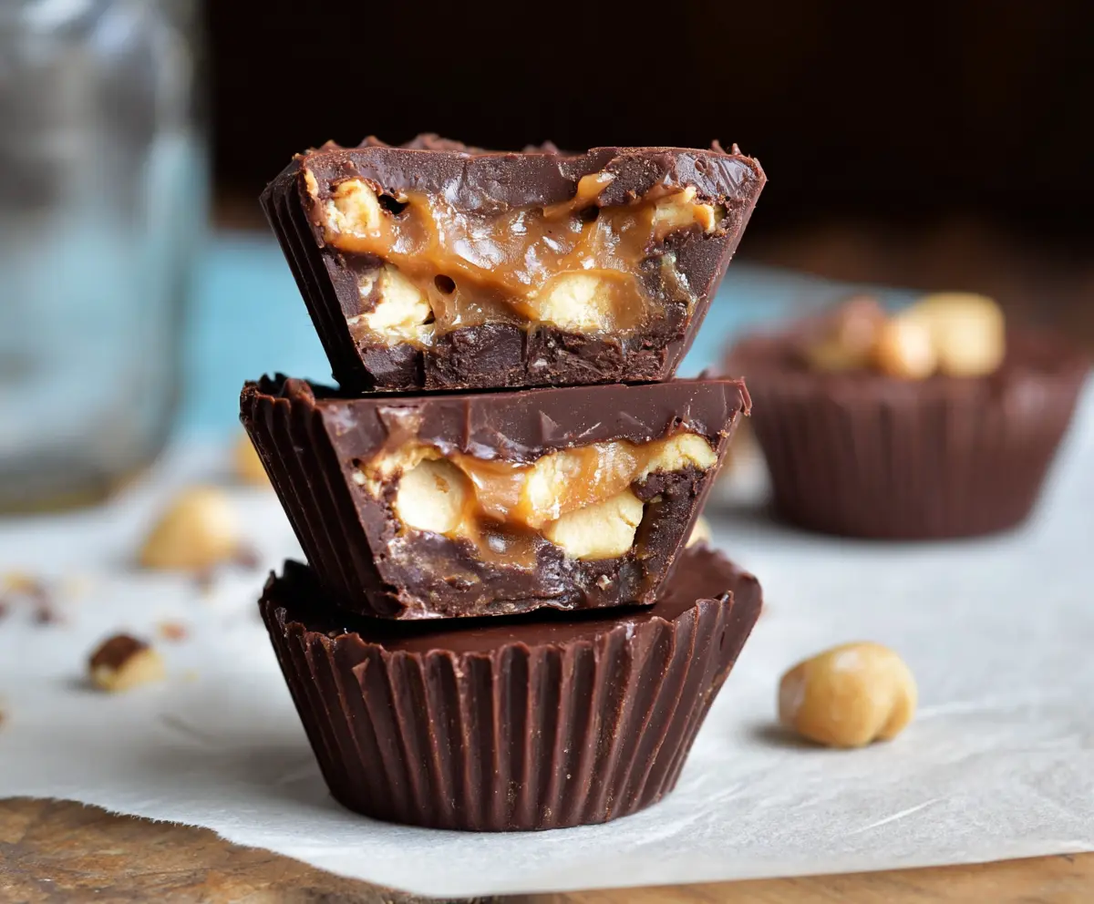 Delicious homemade Snickers Cups with caramel, nougat, and chocolate topping