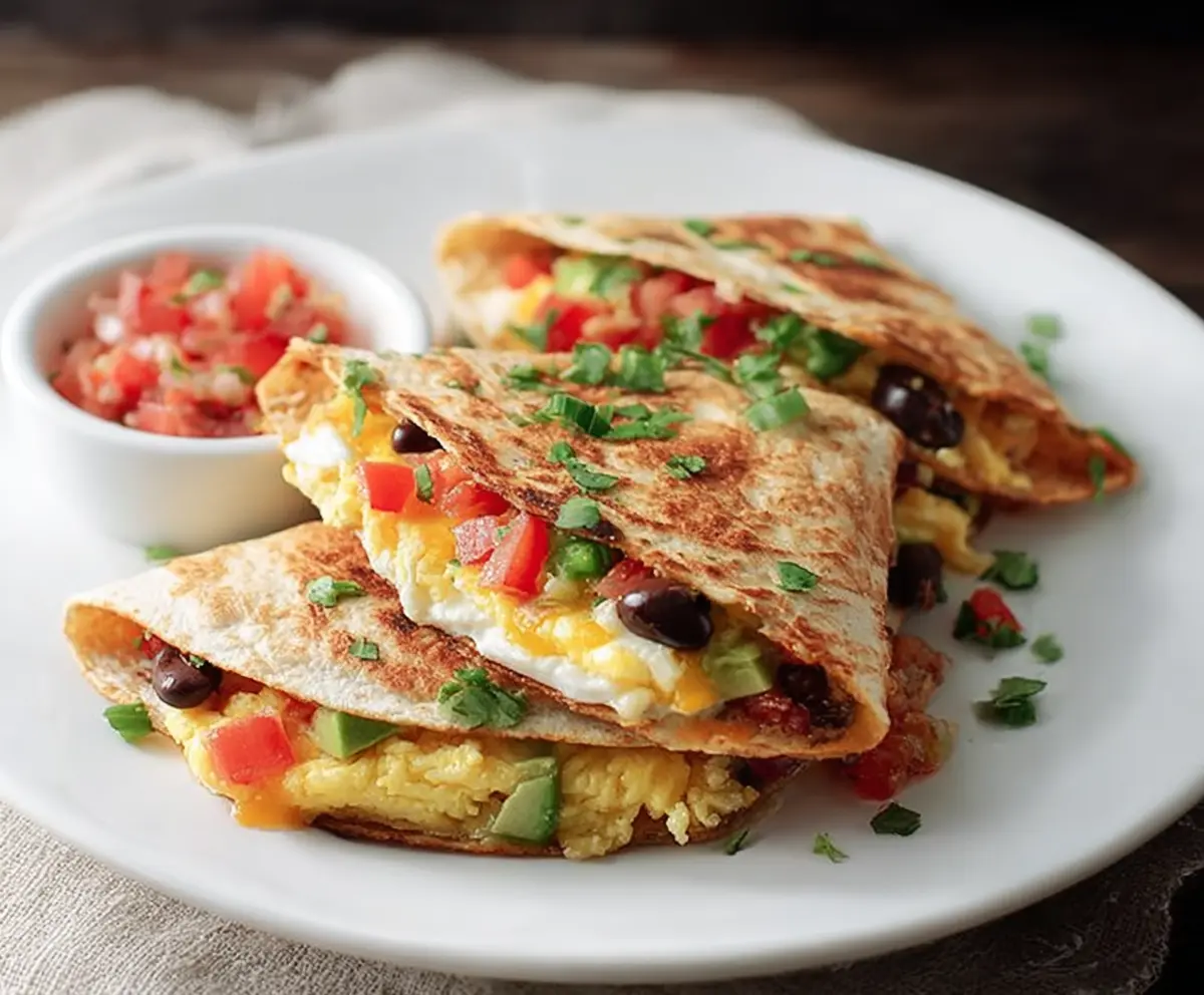 Delicious Southwest Breakfast Quesadilla filled with eggs, cheese, and peppers on a plate.