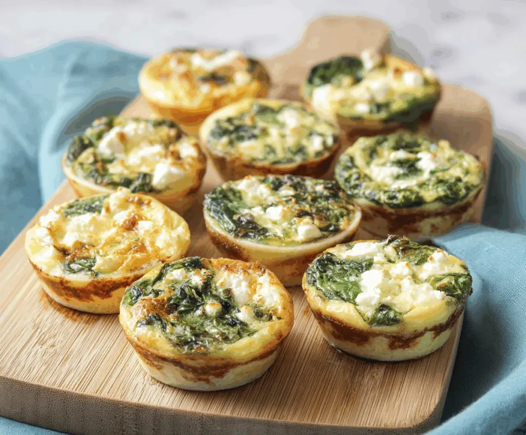 Savory spinach and feta mini quiches served on a white plate, perfect for brunch or snacks.