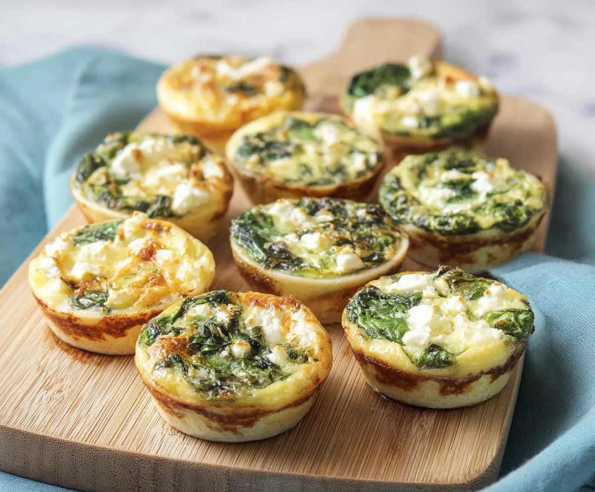 Savory spinach and feta mini quiches served on a white plate, perfect for brunch or snacks.