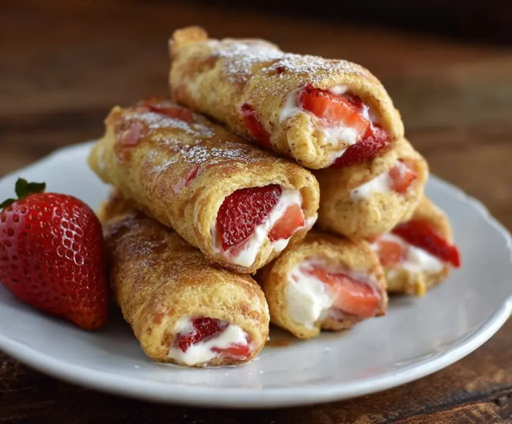 Delicious strawberry cream cheese roll ups garnished with fresh strawberries on a white plate