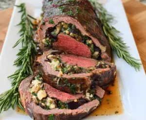 Delicious stuffed beef tenderloin with savory filling, perfect for a gourmet dinner.