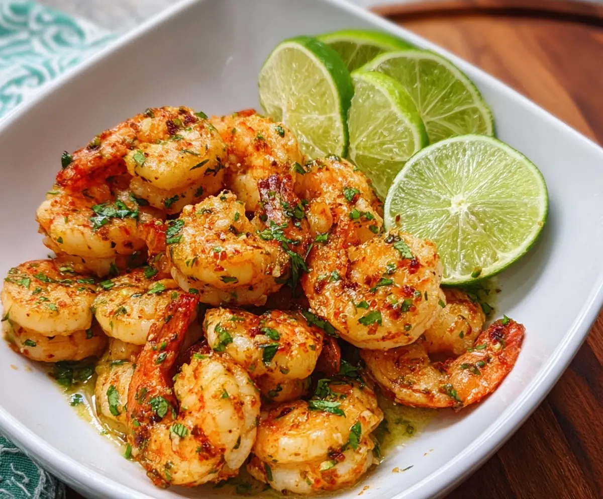 Juicy tequila lime shrimp served on a plate with fresh herbs and slices of lime.