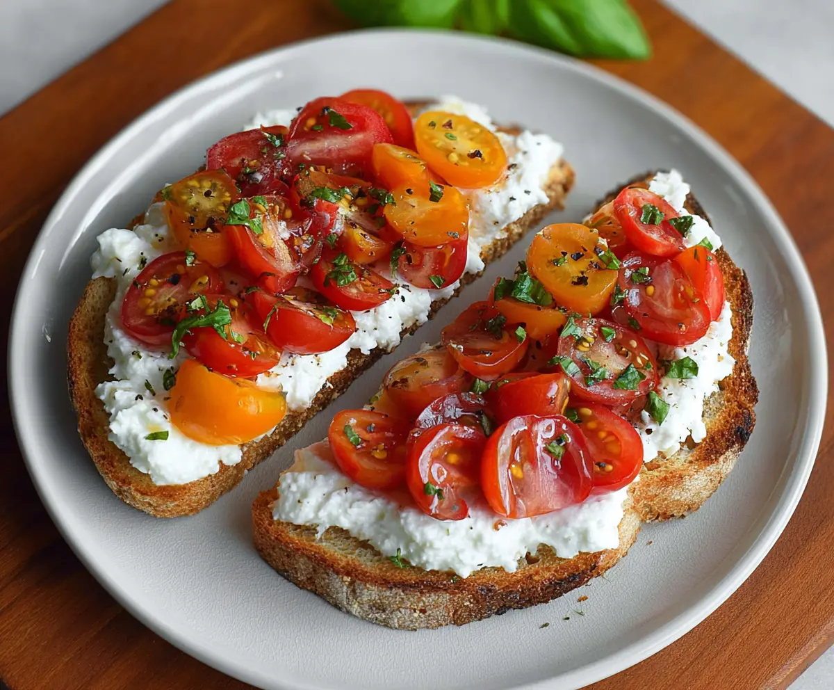 Delicious tomato and cottage cheese toast served on a plate, healthy snack option.