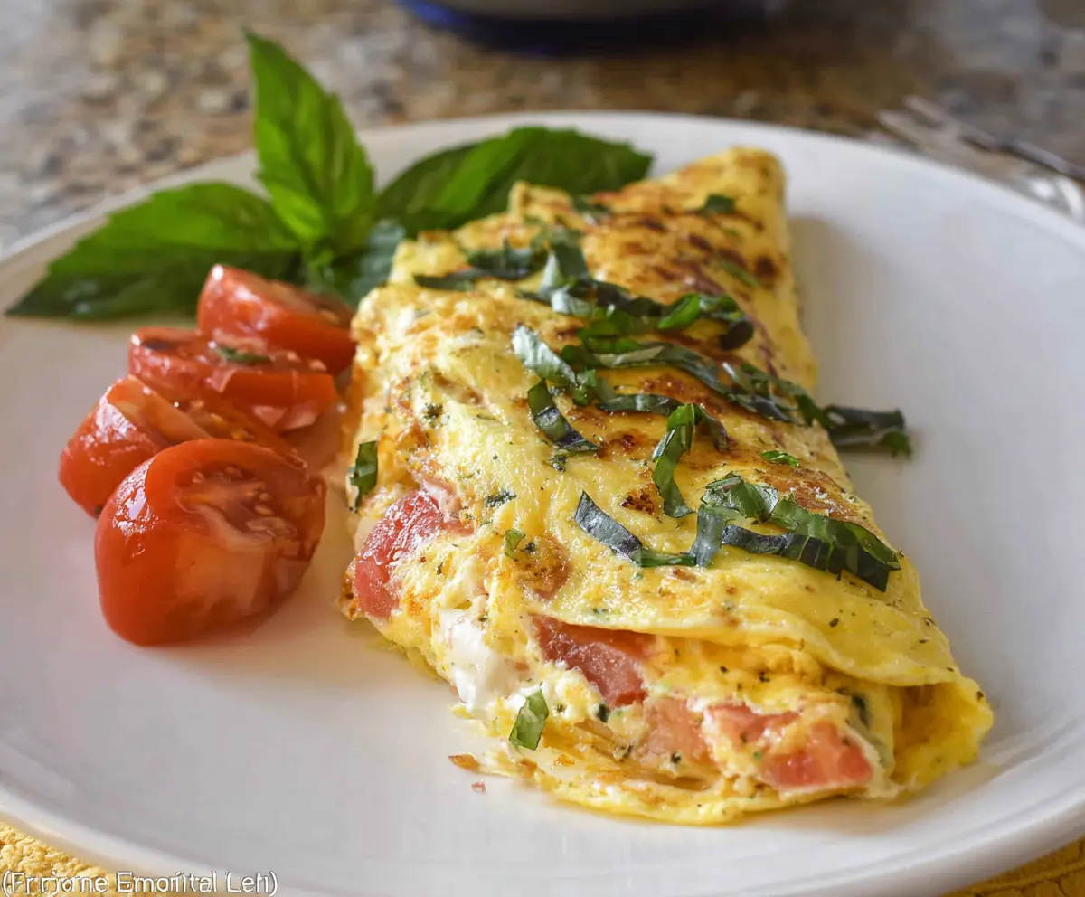 Delicious tomato and basil omelet with fresh herbs on a breakfast plate
