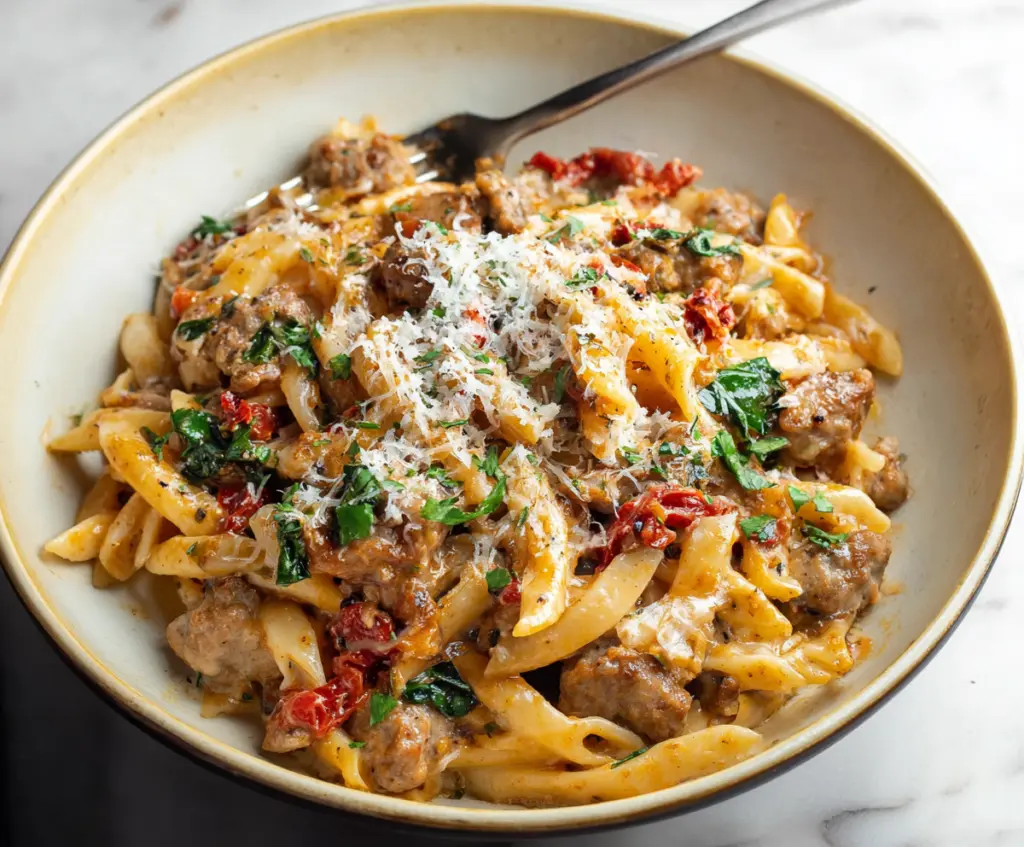 Delicious Tuscan Sausage Pasta with vibrant vegetables and savory sausage served on a plate.