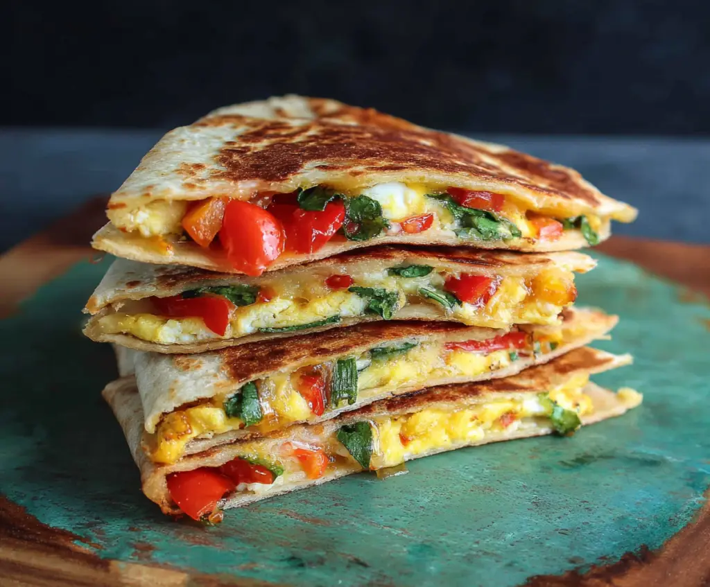 Delicious veggie breakfast quesadilla filled with colorful vegetables and melted cheese, served hot.