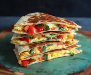 Delicious veggie breakfast quesadilla filled with colorful vegetables and melted cheese, served hot.