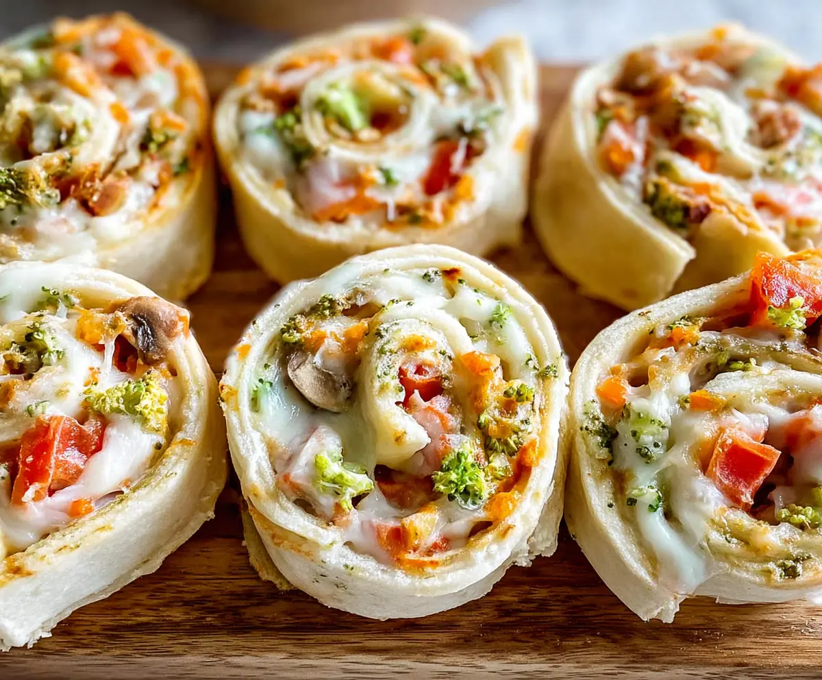 Colorful veggie pizza pinwheels with fresh vegetables and melted cheese, perfect for snacks or appetizers.