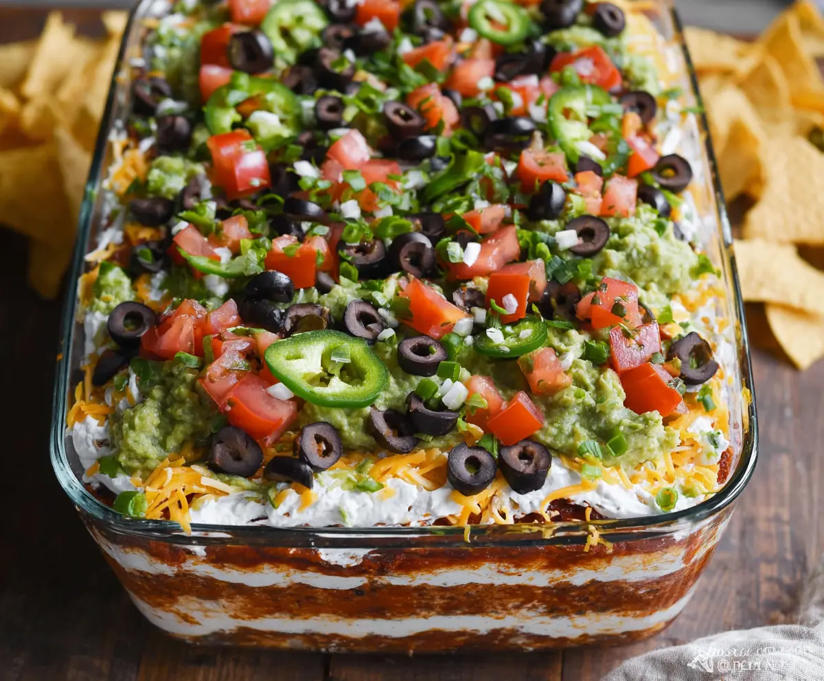 Colorful 7 Layer Bean Dip with beans, cheese, guacamole, and salsa on a serving platter.