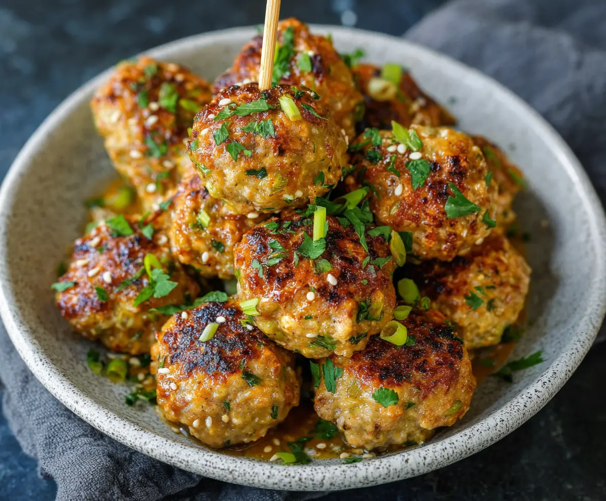 Crispy Air Fryer Bang Bang Chicken Meatballs served with a spicy sauce on a white plate.