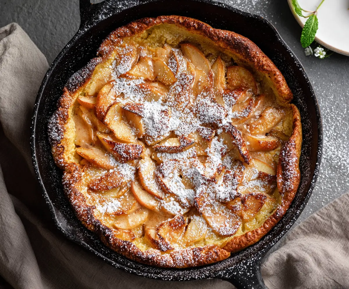 Delicious Apple Cinnamon German Pancake topped with fresh apples and cinnamon for a flavorful breakfast.