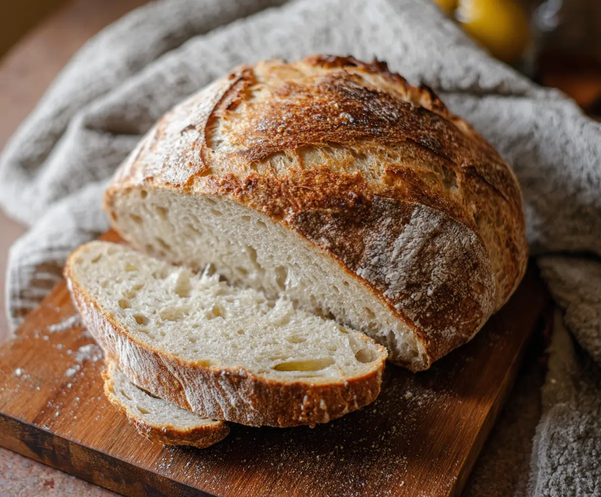 Freshly baked artisan sourdough bread with a crusty golden exterior and airy interior.