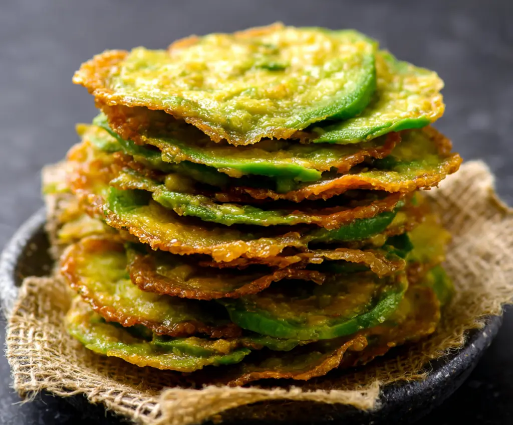 Crispy homemade avocado chips on a wooden platter, perfect for a healthy snack.