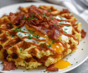 Delicious bacon and cheese loaded hash brown waffles served hot with crispy edges