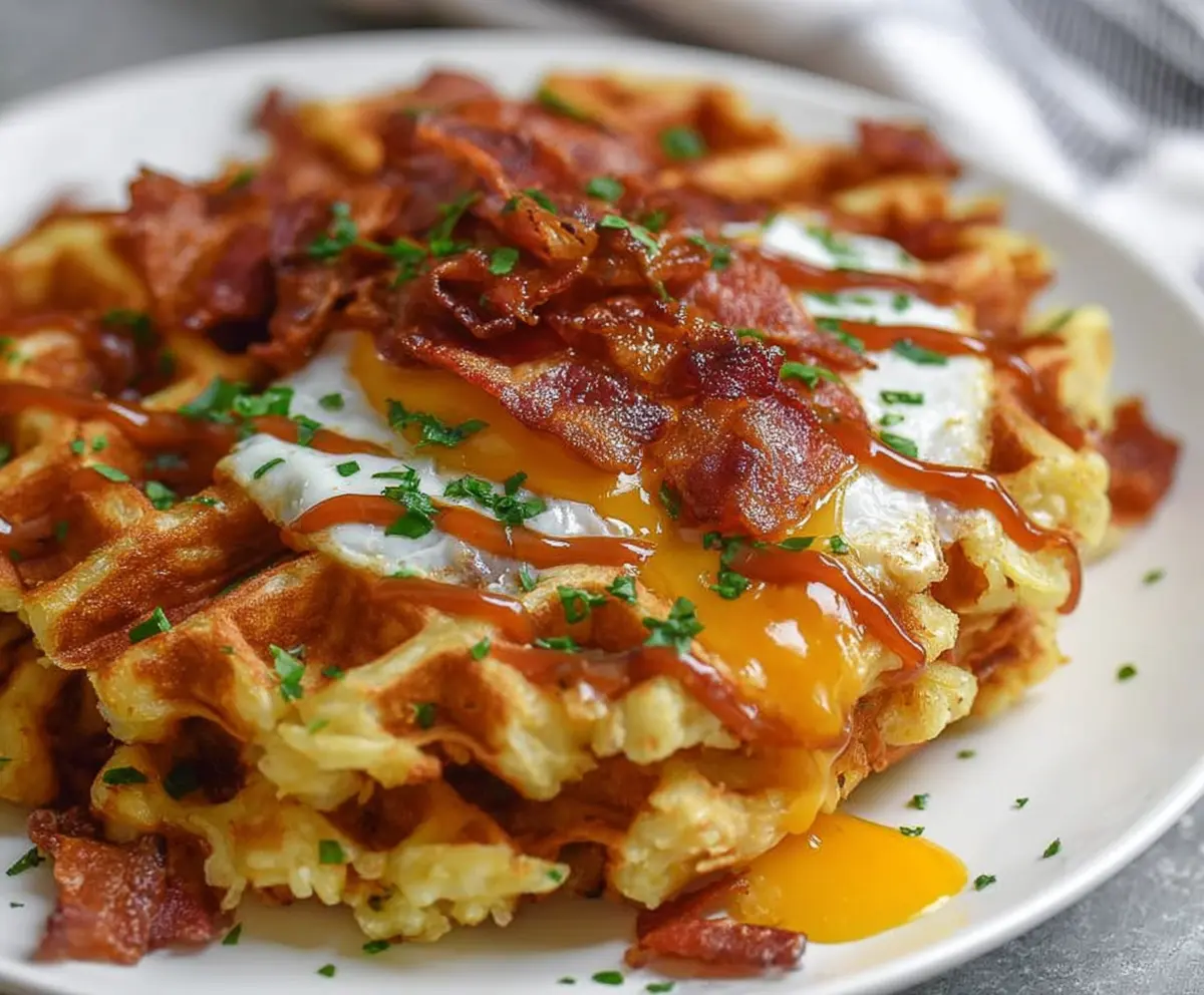 Delicious bacon and cheese loaded hash brown waffles served hot with crispy edges