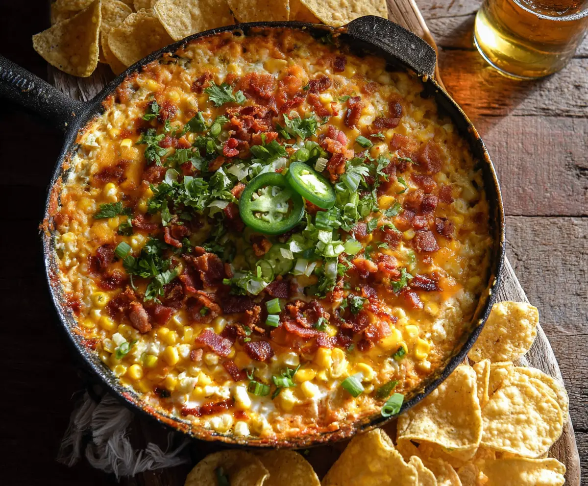 Delicious Bacon Bliss Hot Corn Dip served in a bowl, garnished with crispy bacon and fresh herbs.