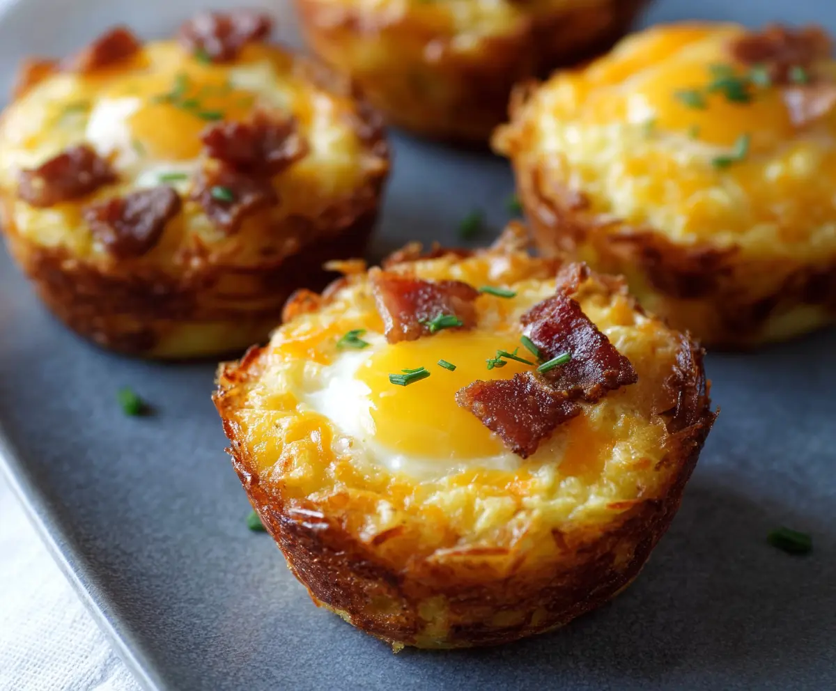 Bacon, egg, and cheese hash brown cups served on a plate for breakfast.
