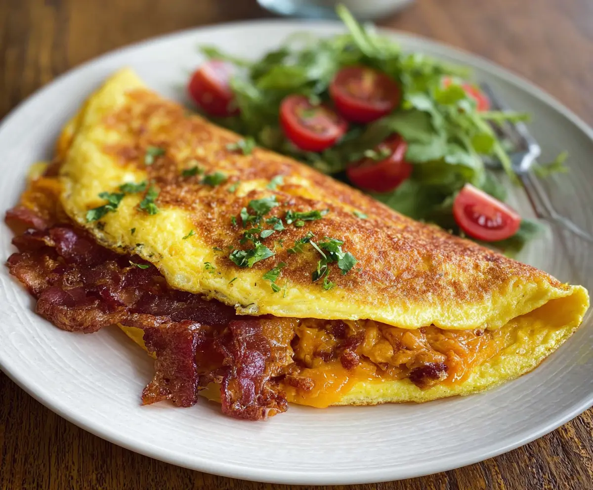 Delicious Bacon Egg and Cheese Omelet on a plate, perfect for breakfast or brunch.