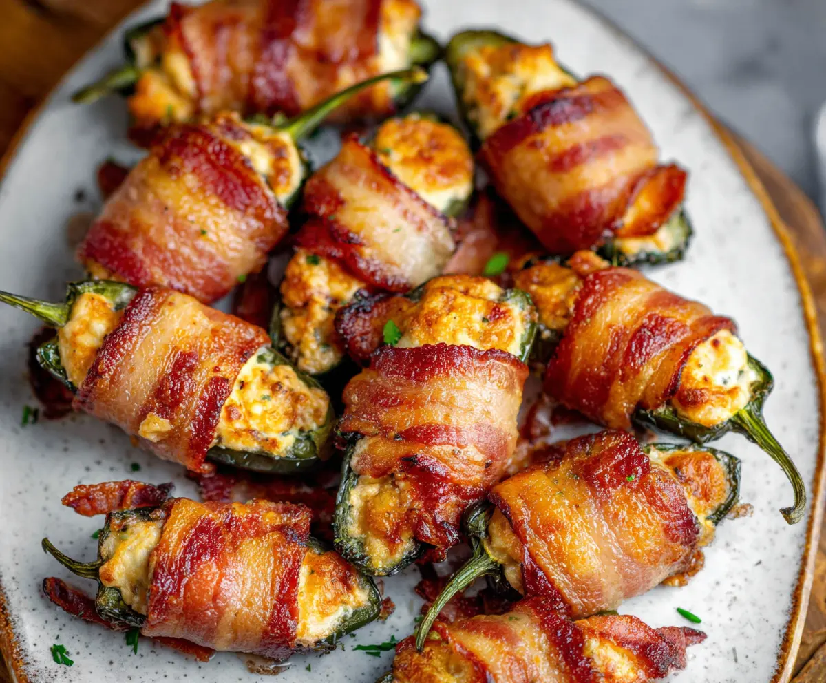 Savory Bacon Wrapped Jalapeño Poppers with melted cheese filling served on a platter