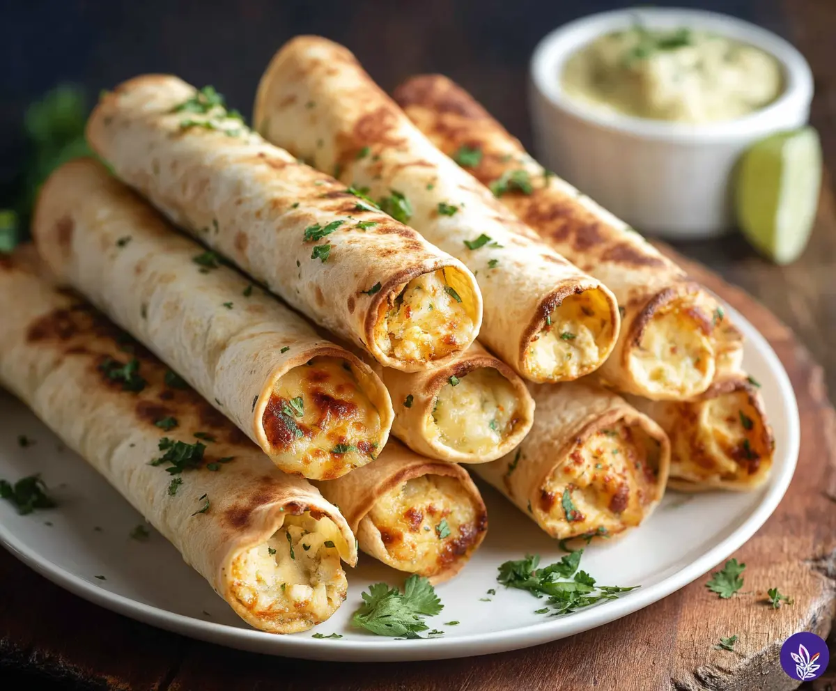 Golden baked chicken taquitos fresh out of the oven, crispy and delicious, perfect for a savory snack or appetizer.