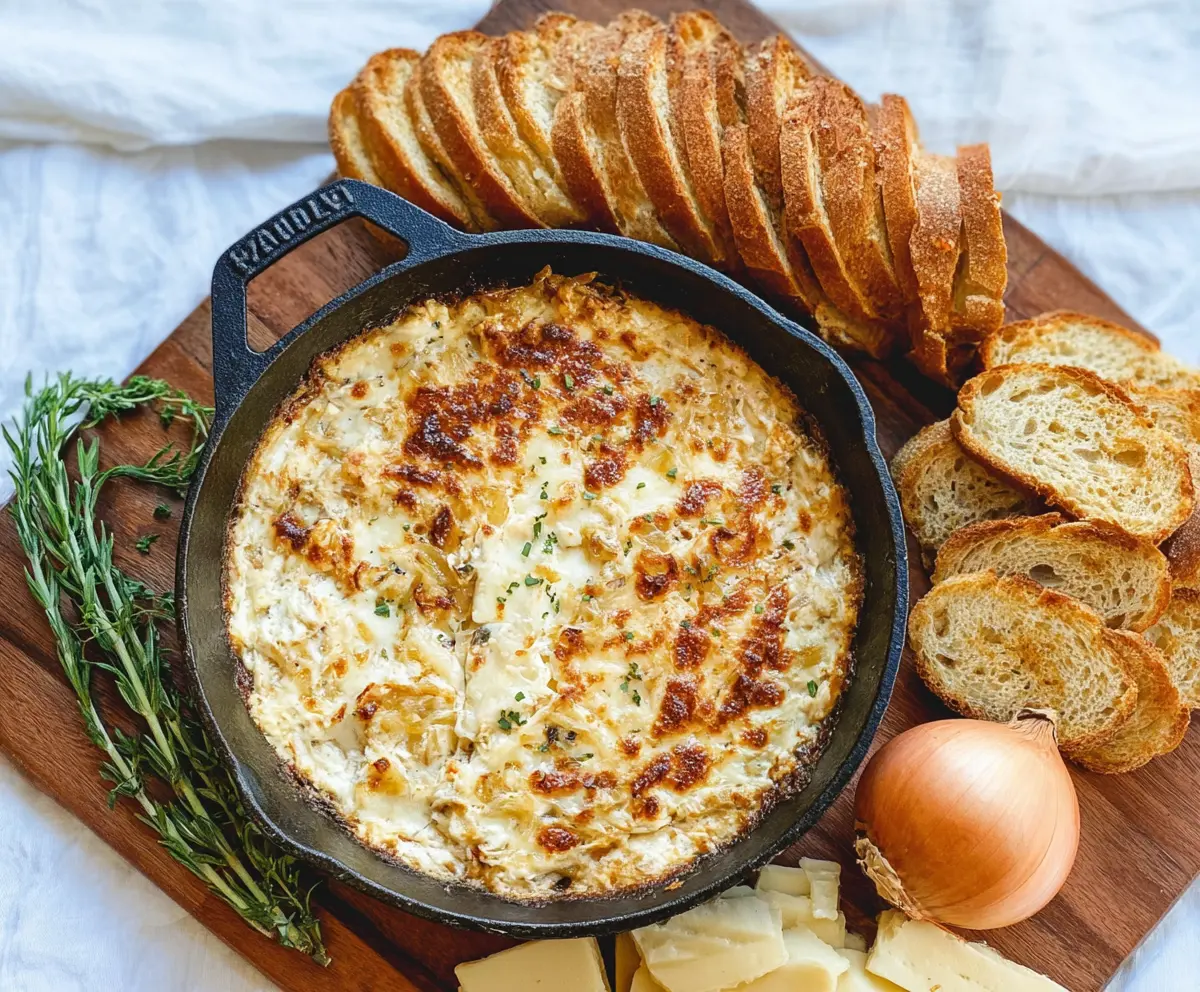 Delicious baked French onion dip with melted cheese and caramelized onions in a serving bowl.