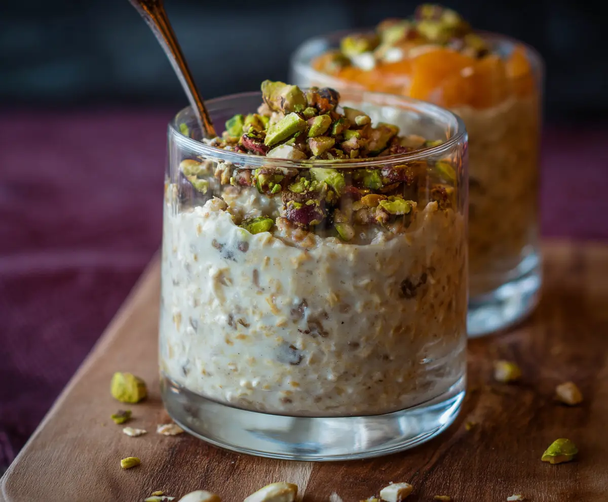 Delicious Baklava Overnight Oats topped with nuts and honey in a glass jar.