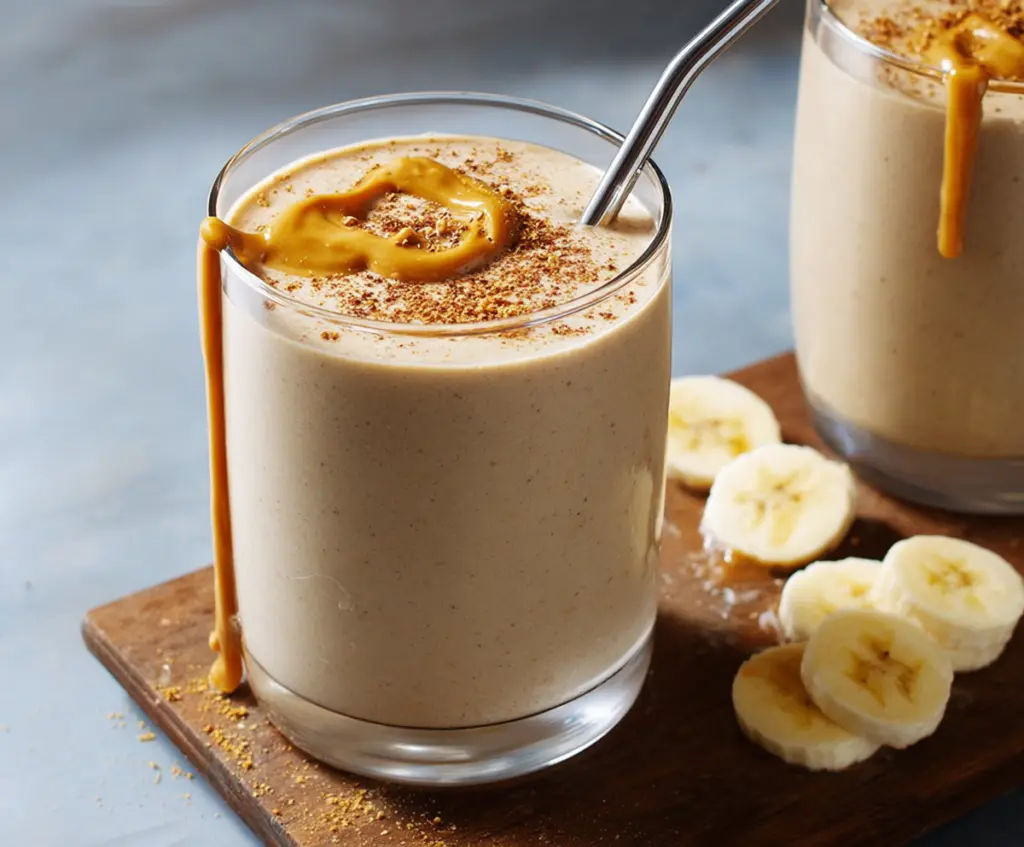 Creamy banana peanut butter smoothie in a glass, garnished with banana slices and a straw.