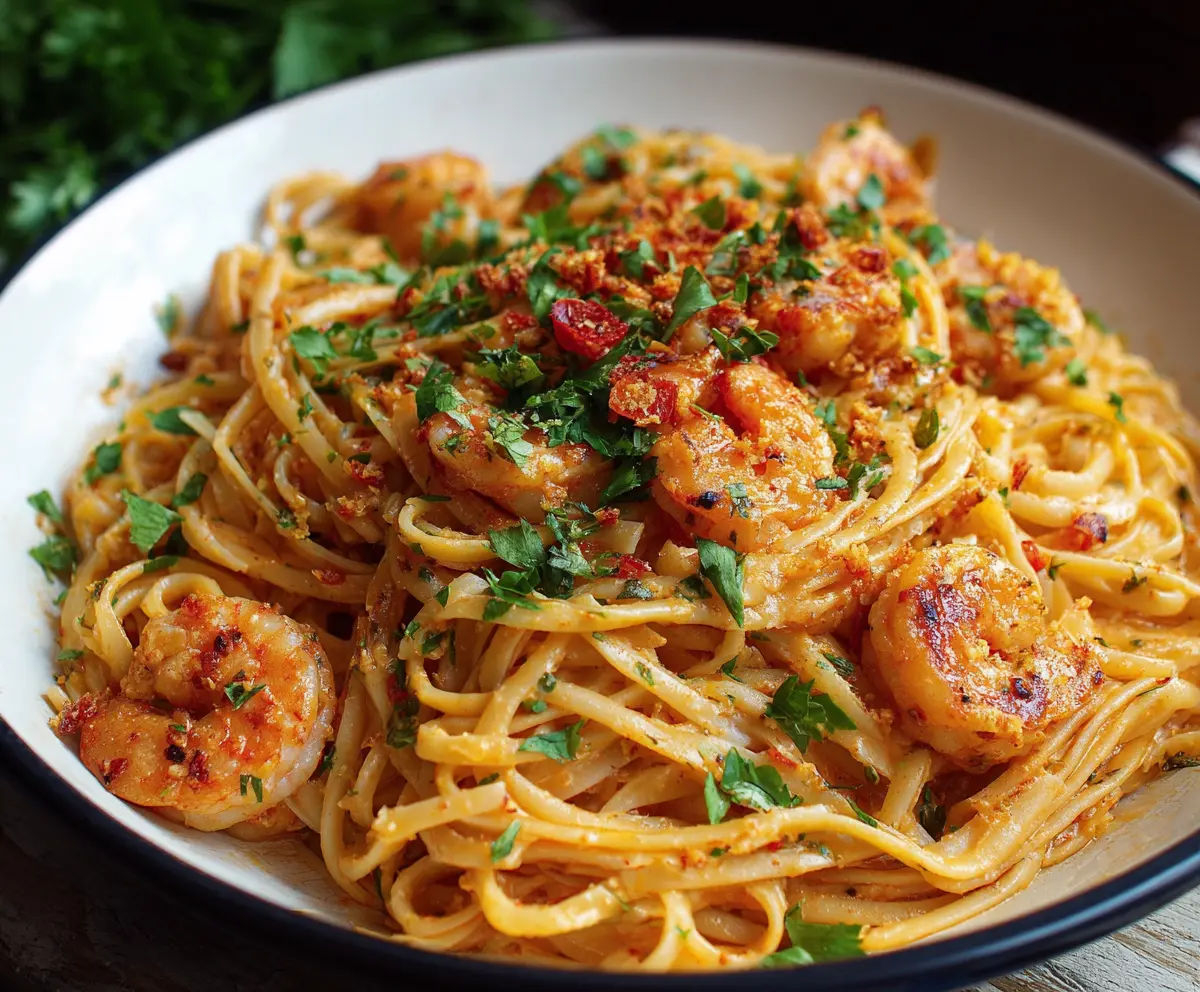 Creamy Bang Bang Shrimp Pasta garnished with fresh herbs on a white plate.