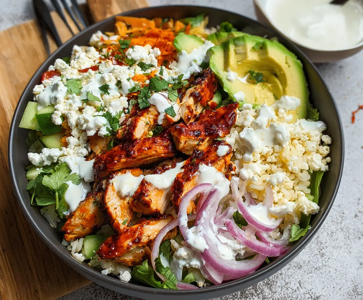 Delicious BBQ Chicken Cottage Cheese Bowl served in a white bowl with fresh herbs on top.