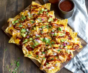 Delicious BBQ Chicken Nachos topped with melted cheese, jalapenos, and fresh cilantro on a wooden platter.
