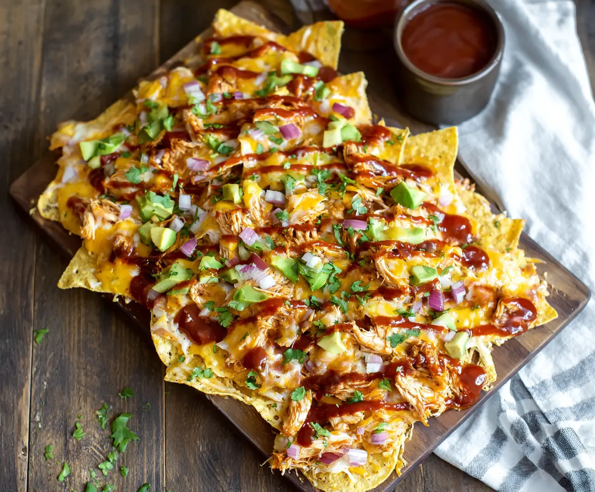 Delicious BBQ Chicken Nachos topped with melted cheese, jalapenos, and fresh cilantro on a wooden platter.