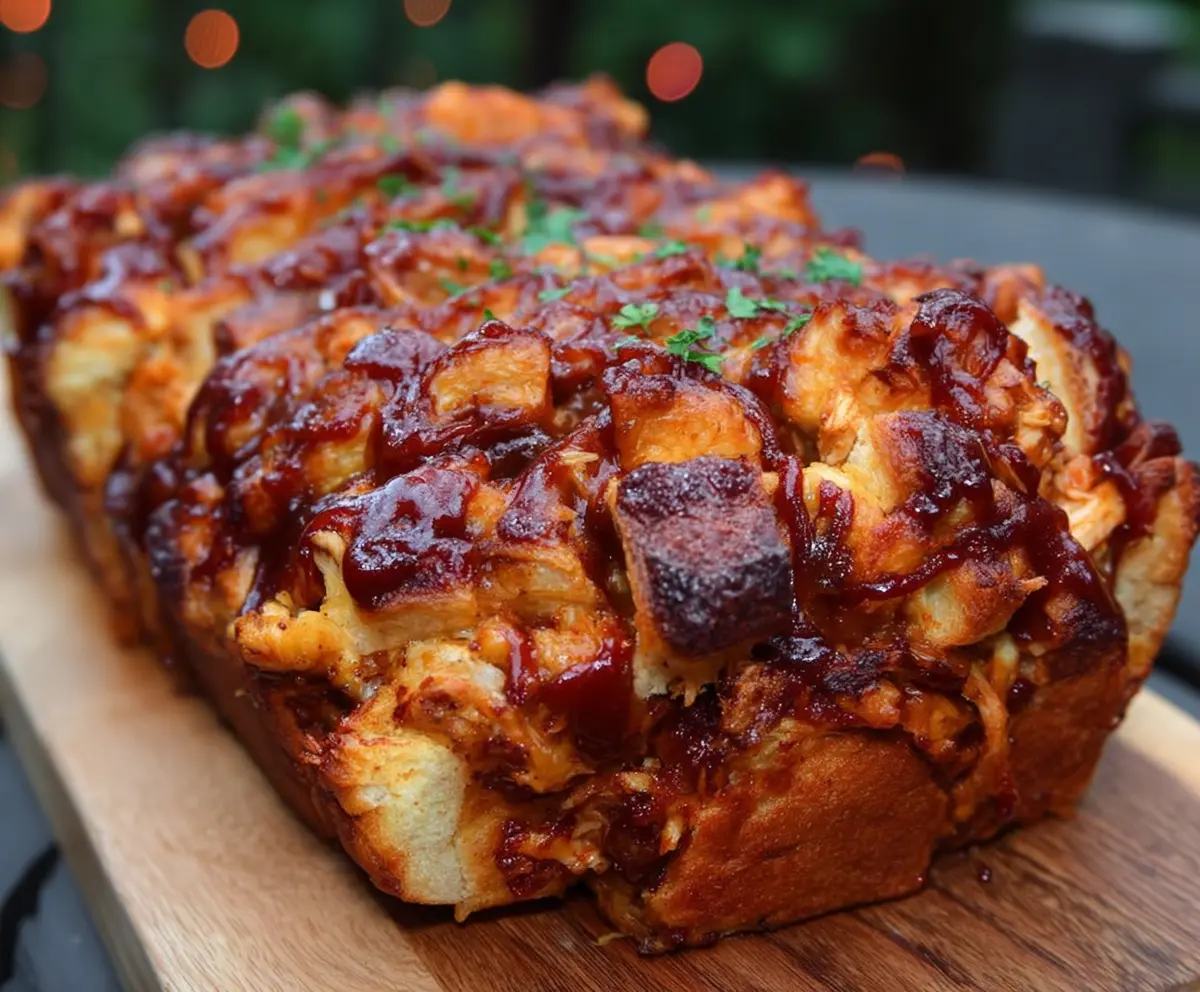 Delicious BBQ Chicken Pull Apart Bread topped with melted cheese and fresh herbs.