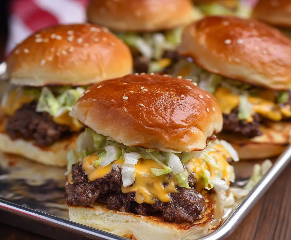 Delicious Beefy and Big Mac Sliders served on a platter, showcasing cheesy beef patties in soft slider buns.
