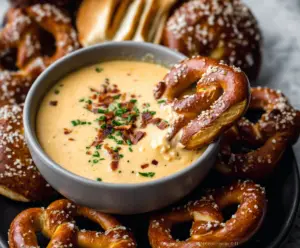 Creamy beer cheese dip served with crunchy pretzels, perfect for snacking at parties.