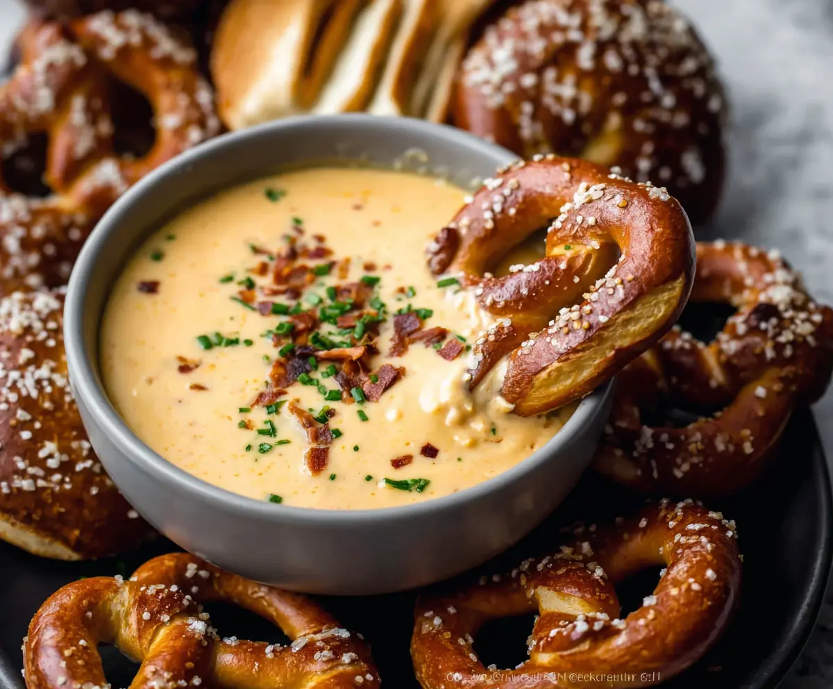 Creamy beer cheese dip served with crunchy pretzels, perfect for snacking at parties.