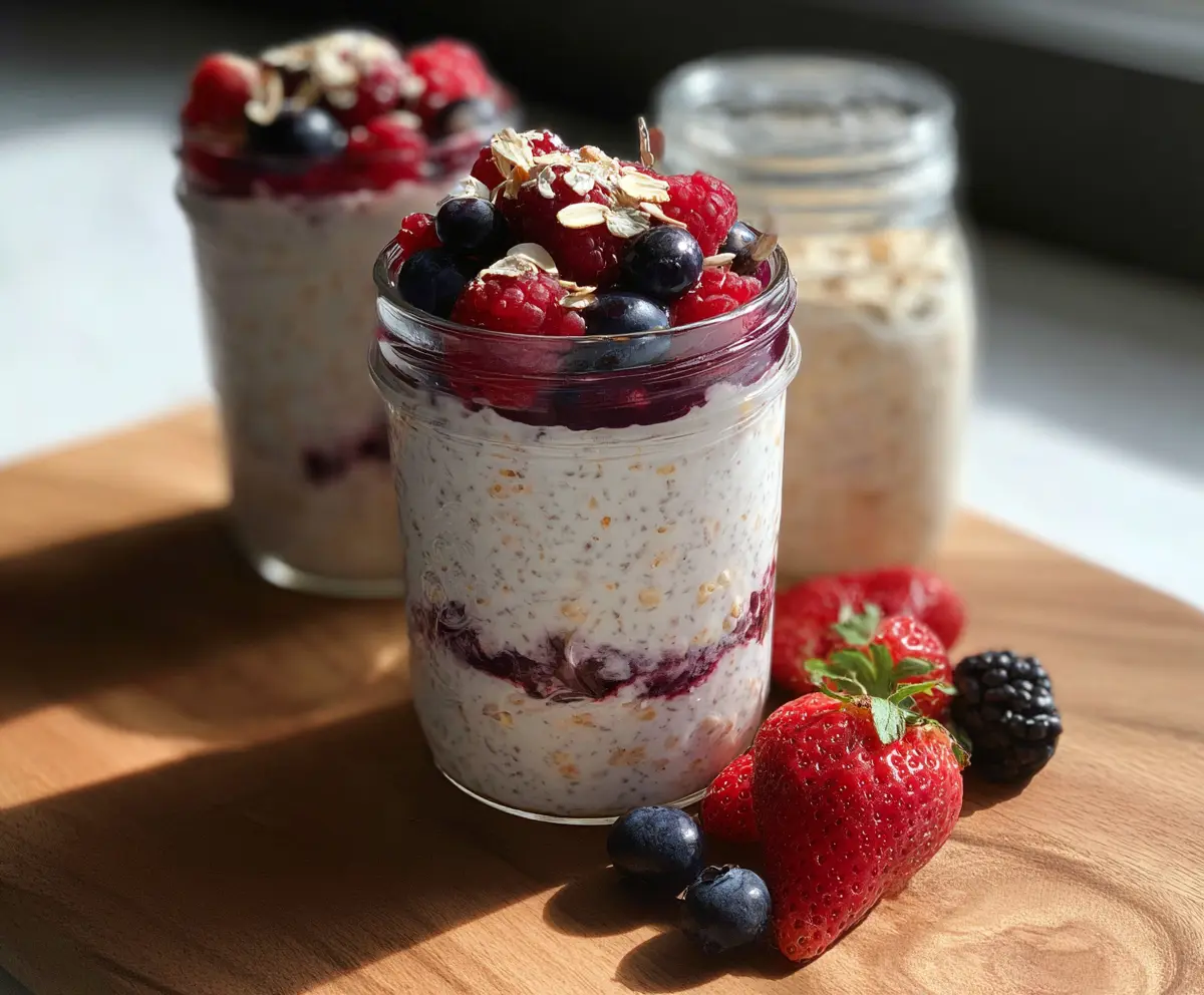 Delicious berries and cream overnight oats served in a glass jar with fresh strawberries and blueberries.