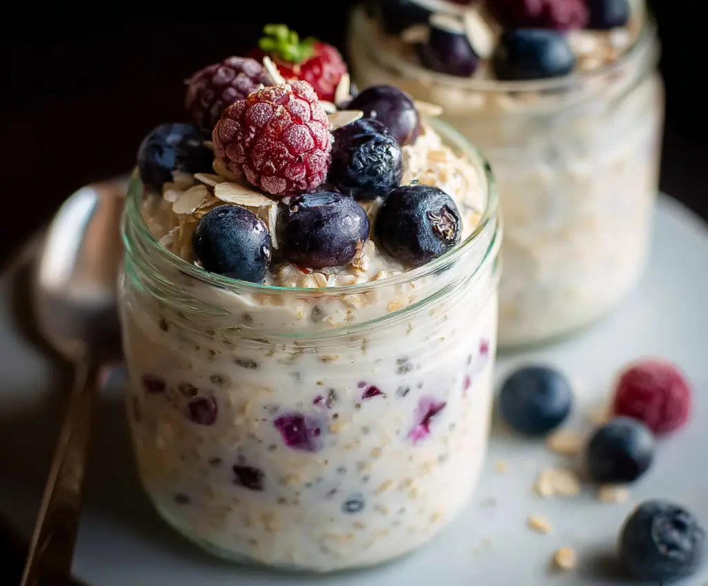 Delicious Berry Overnight Oats topped with fresh berries and chia seeds in a glass jar.