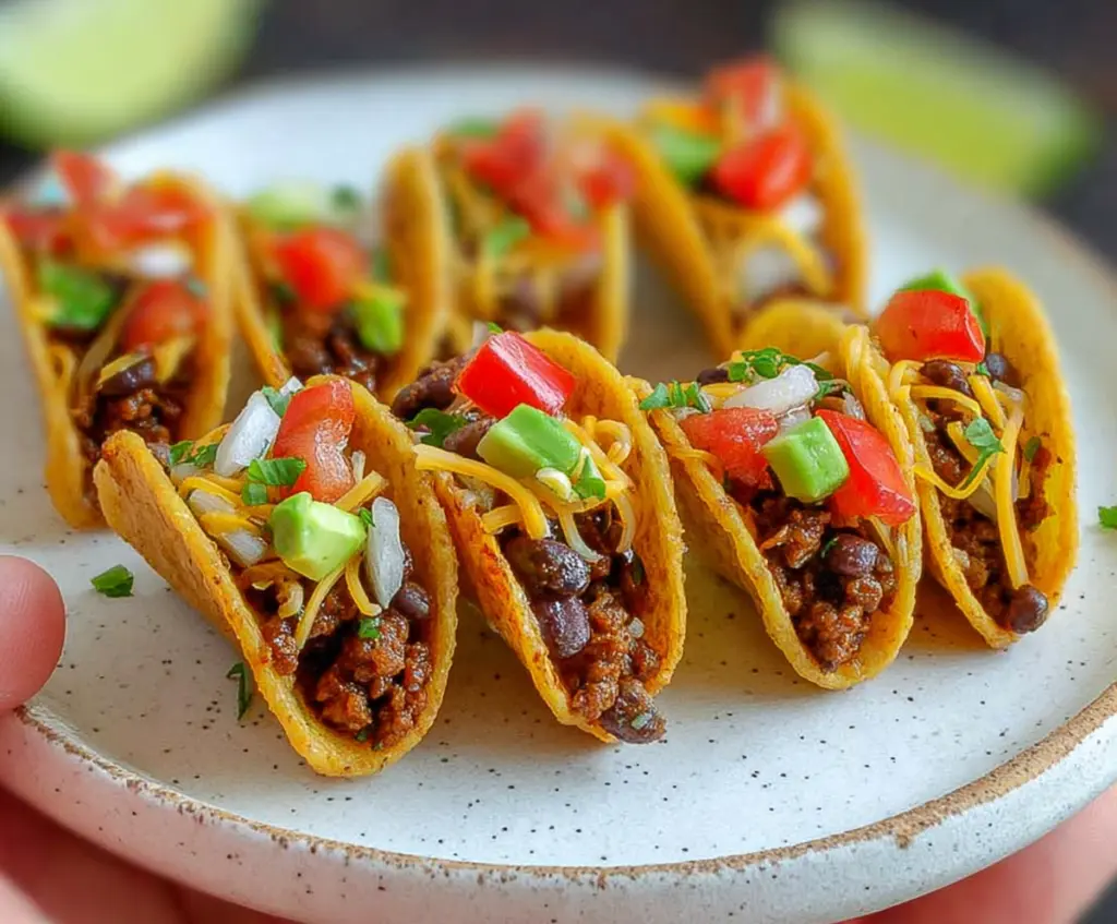 Delicious bite-sized mini tacos filled with fresh ingredients, perfect for snacking or parties.